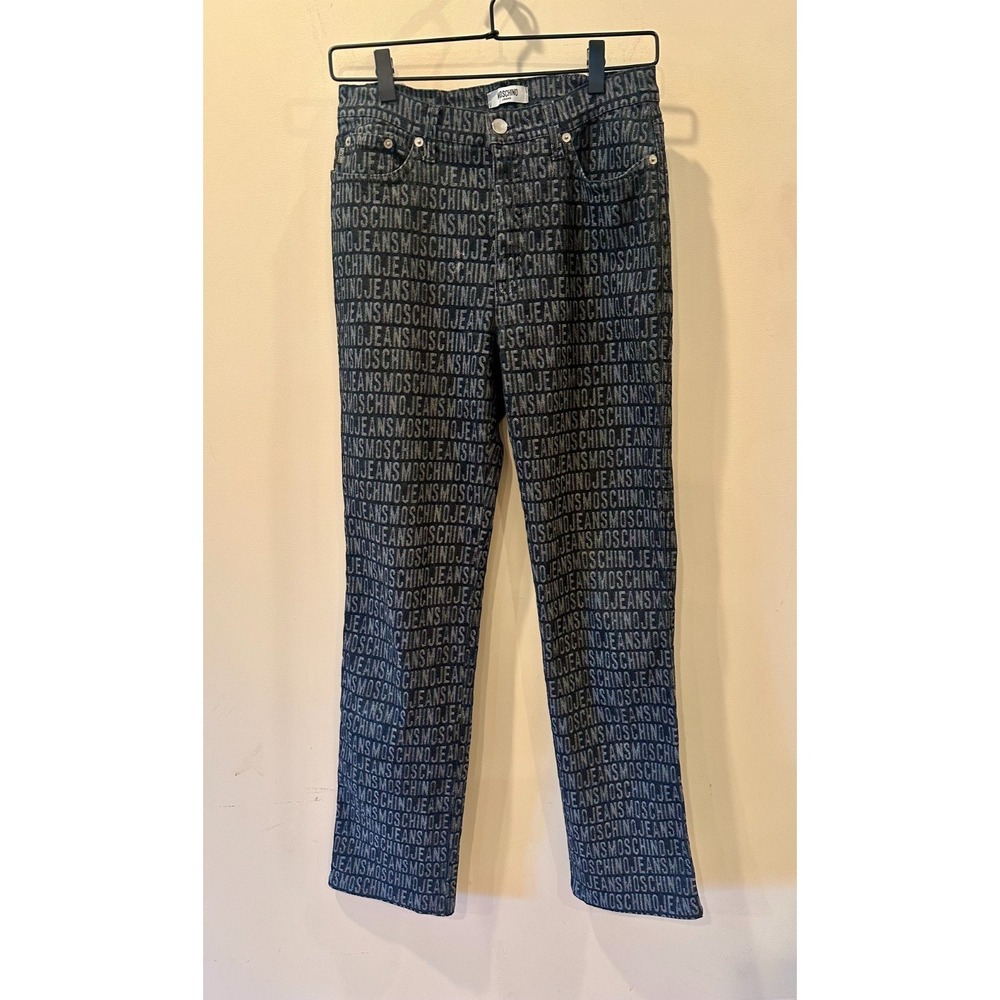 Vintage 90s Moschino Jacquard Monogram Logo Straight Leg Jeans Blue Wash Sz 29